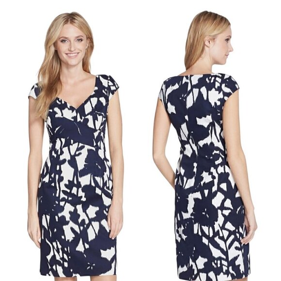 Adrianna Papell NWT Sweetheart Faille Sheath Dress, Navy Blue Floral Print 6 - Picture 1 of 11